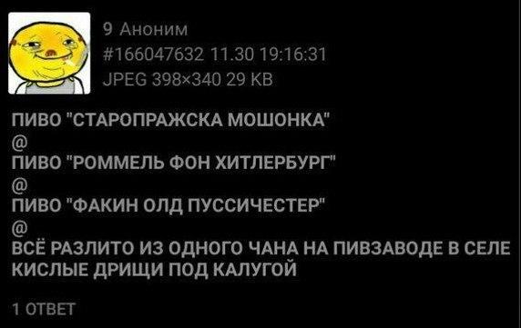 9 Аноним #166047632 11.30 19:16:31 JPEG 29 ПИВО "СТАРОПРАЖСКА МОШОНКА" ПИВО "РОММЕЛЬ ФОН ХИТЛЕРБУРГ" ПИВО "ФАКИН ОЛД ПУССИЧЕСТЕР" ВСЕ РАЗЛИТО ИЗ ОДНОГО ЧАНА НА ПИВЗАВОДЕ В СЕЛЕ КИСЛЫЕ ДРИЩИ ПОД КАЛУГО