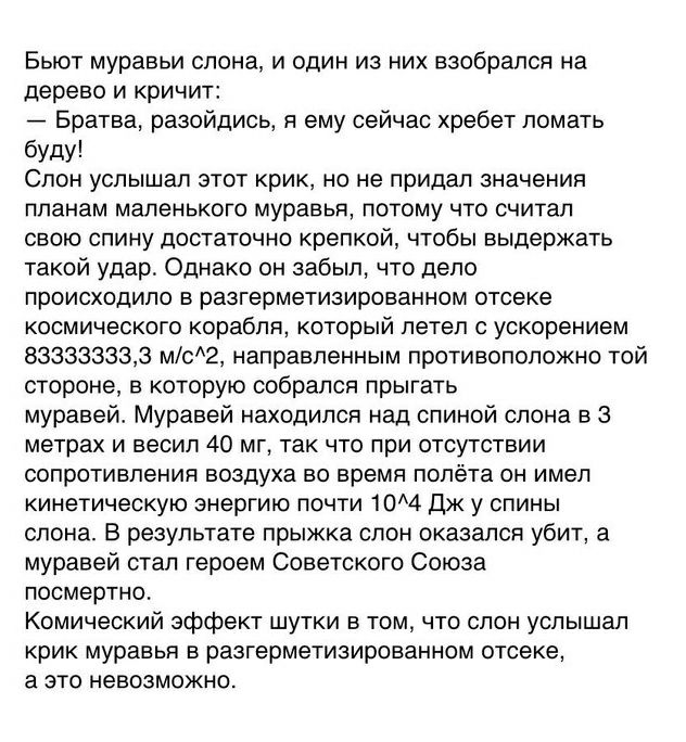 Бьют муравьи слона, и один из них взобрался на дерево и кричит: Братва, разойдись, я ему сейчас хребет ломать буду! Слон услышал этот крик, но не придал значения планам маленького муравья, потому что 