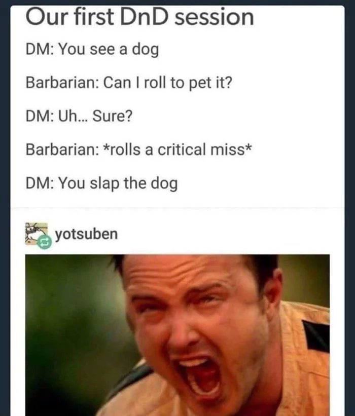 Our first DnD session You see a dog Barbarian: Can roll to pet it? Sure? Barbarian: *rolls a critical miss* You slap the dog yotsuben