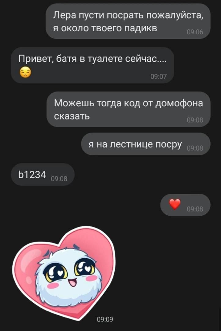 Лера пусти посрать пожалуйста, я около твоего падикв Привет, батя в туалете сеичас... Можешь тогда код от домофона сказать я на лестнице посру