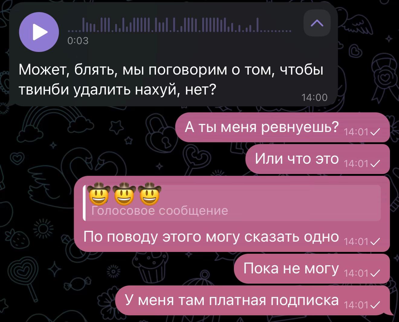 Может, блять, мы поговорим о том, чтобы твинби удалить нахуй, нет? А ты меня ревнуешь? ИЛИ ЧТО ЭТО и Голосовое сообщение По поводу этого могу сказать одно Пока не могу У меня там платная подписка