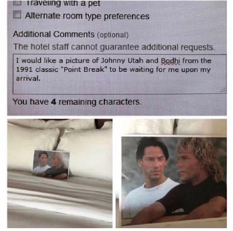 traveiing with a pet Alternate room type preferences Additional Comments (optional) The hotel staff cannot guarantee additional requests. I would like a picture of Johnny Utah and Bodhi from the 1991 