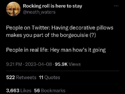 Rocking гой 1$ here to stay People on Twitter: Having decorative pillows makes you part of the borgeouisie People in real life: Hey man how's it going 522 11 3,663 56