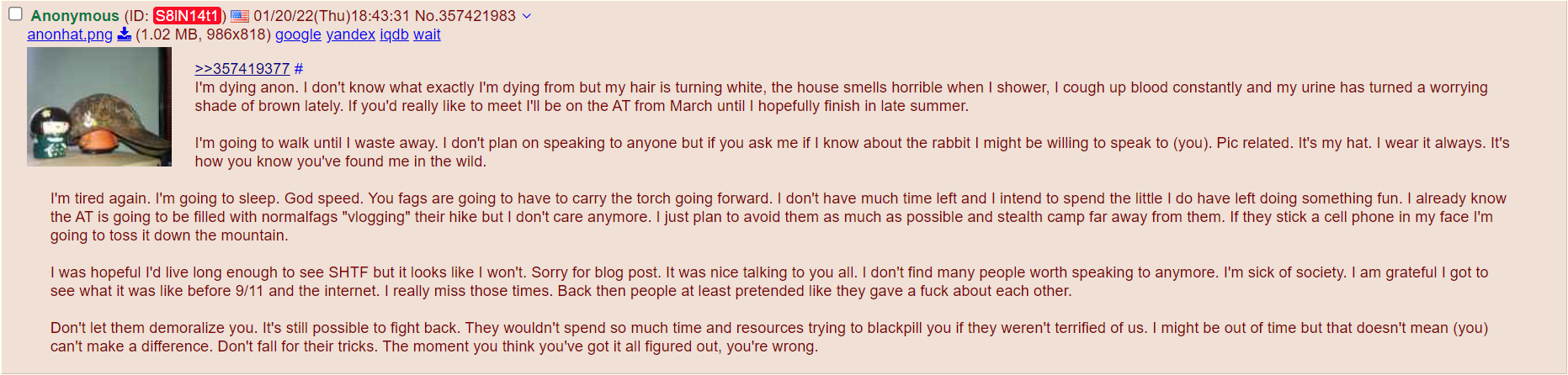 О Anonymous В 01/20/22(Тпи)18:43:31 №.357421983 anonhat.png (1.02 google yandex igdb wait >>357419377 dying anon. don't know what exactly dying from but my hair is turning white, the house smells horr