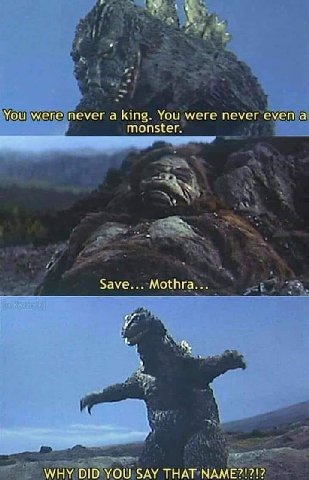 You were never a king. You were never еуеп а monster. Save... Mothra... WHY DID YOU SAY THAT МАМЕ?!