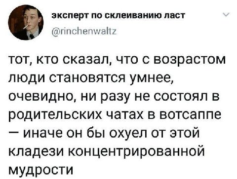 эксперт по склеиванию ласт @rinchenwaltz тот, кто сказал, что с возрастом люди становятся умнее, очевидно, ни разу не состоял в родительских чатах в вотсаппе иначе он бы охуел от Этой кладези концентр