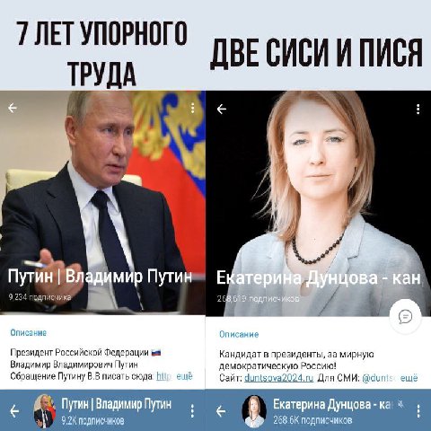 ДВЕ И ПИСЯ Я Путин Путин 9,234 подписчика 26 Описание Описание Президент Российской Федерации Кандидат в президенты, за мирную Владимир Владимирович Путин демократическую Россию! Обращение Путину писа