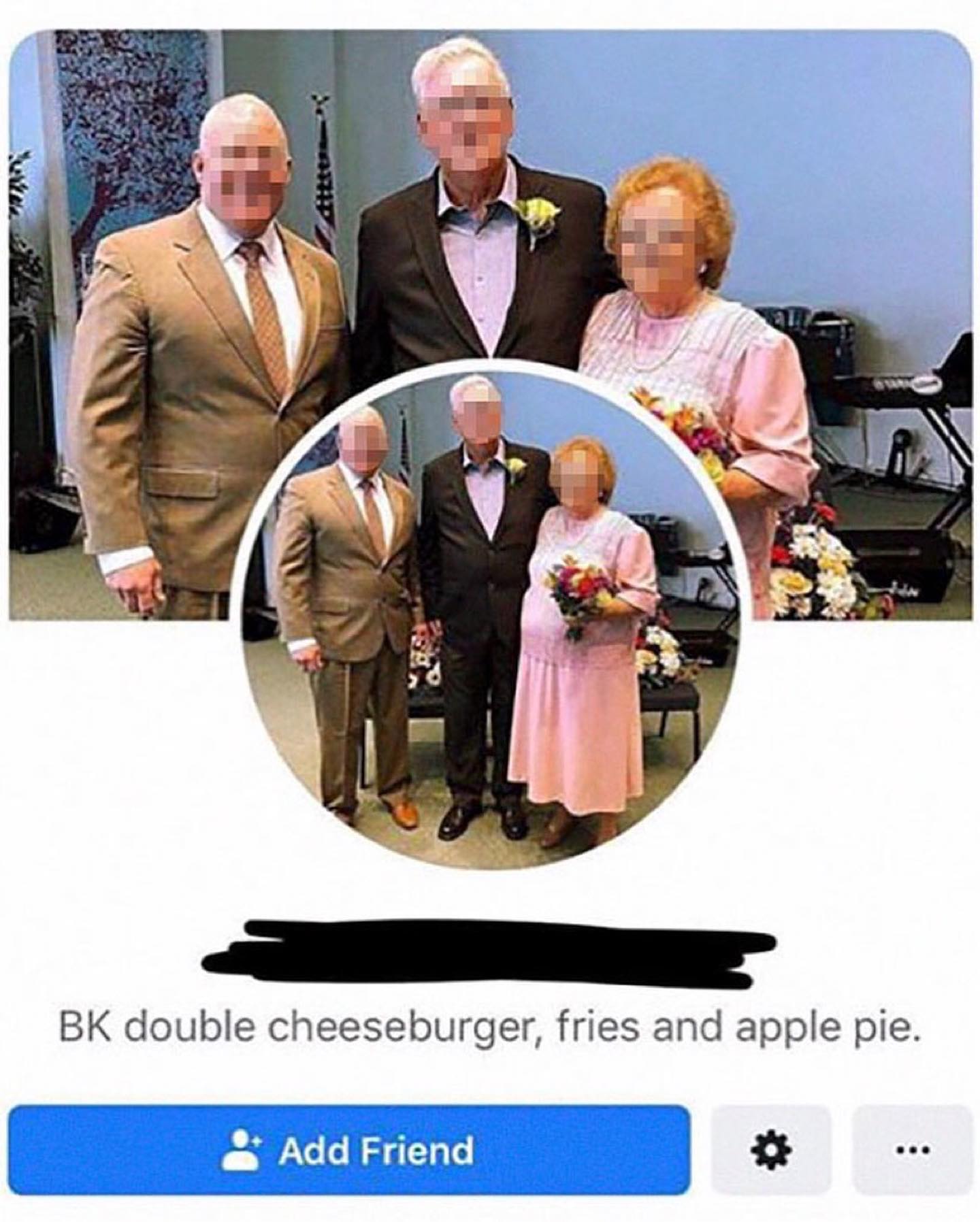 4» 2’ 7 4 7 a double cheeseburger, fries and apple pie. Add Friend see