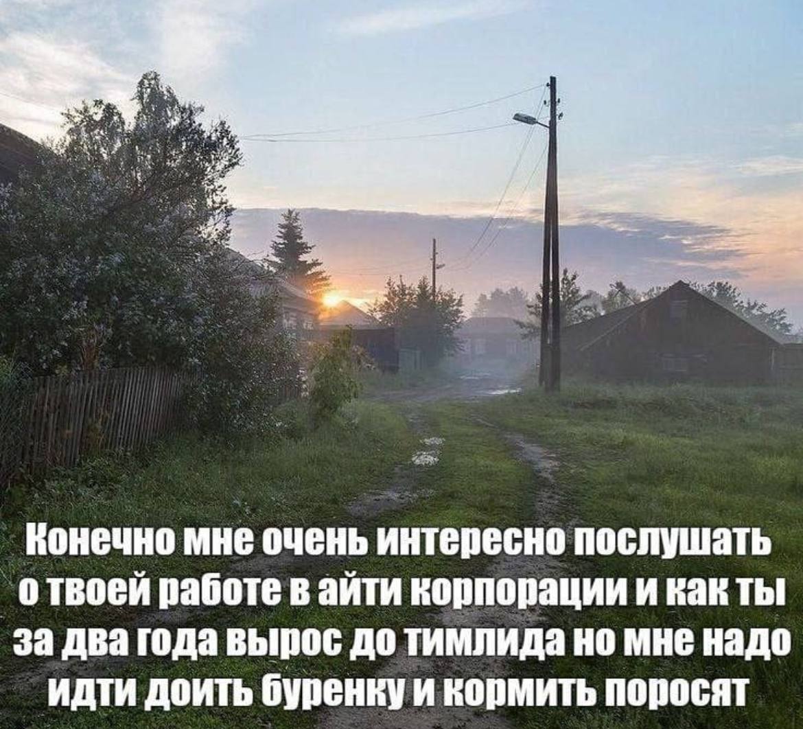 Конечно мне очень интересно послушать отвоей работе в айти корпорации и как ты за два года вырос до тимлида но мне надо идти доить буренку и кормить поросят