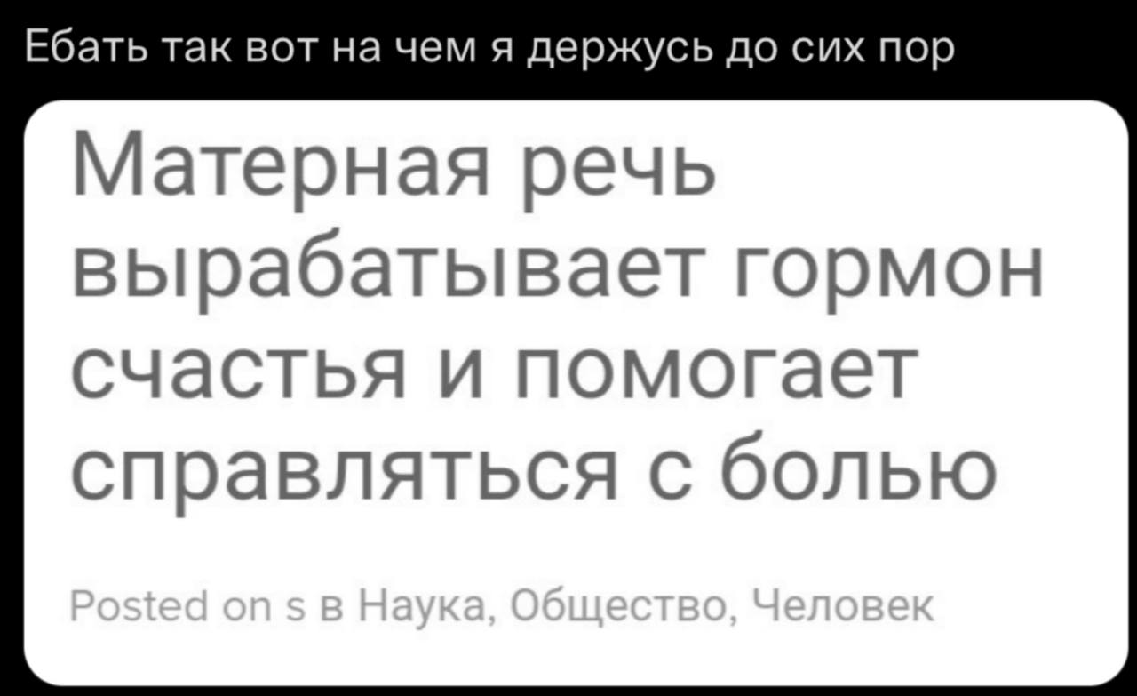 Ебать так вот на чем я держусь до сих пор Матерная речь вырабатывает гормон счастья и помогает справляться с болью