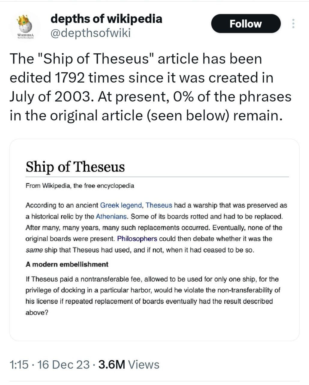 depths of wikipedia Follow The "Ship of Theseus" article has been edited 1792 times since it was created in 9 July of 2003. At present, 0% of the phrases in the original article (seen below) remain. S
