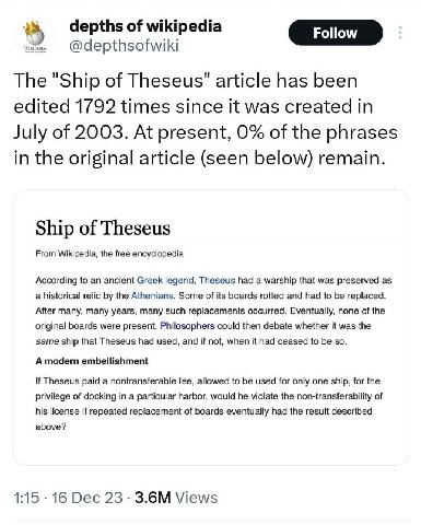 depths of wikipedia Follow The "Ship of Theseus" article has been edited 1792 times since it was created in 9 July of 2003. At present, 0% of the phrases in the original article (seen below) remain. S