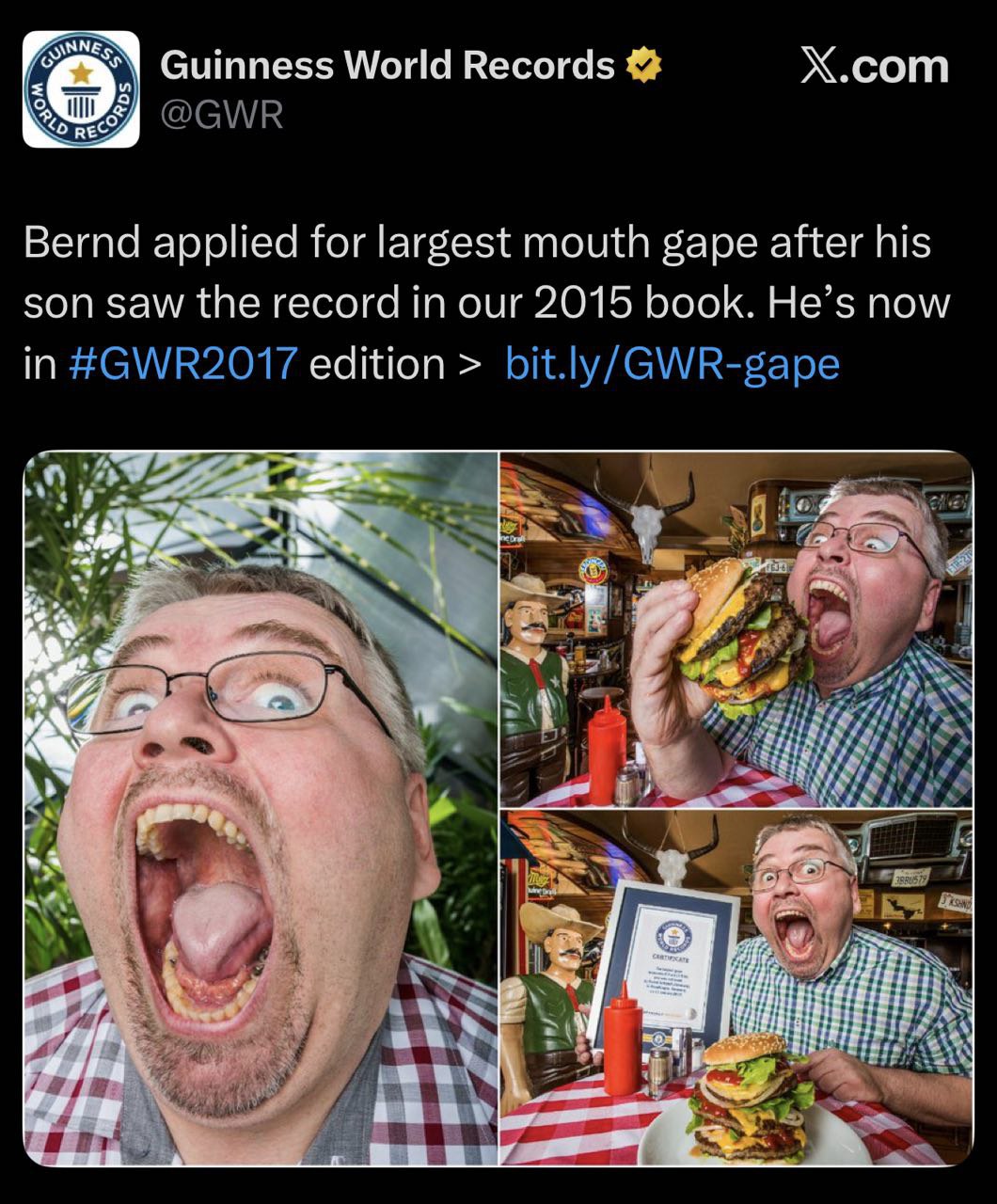и Guinness World Records Х.сот a Bernd applied for largest mouth gape after his son saw the record in our 2015 book. He’s now in edition я я