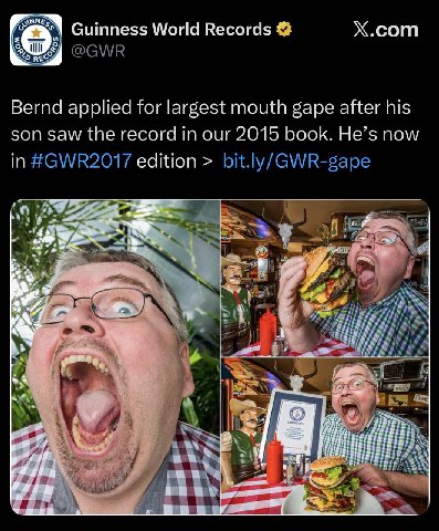и Guinness World Records Х.сот a Bernd applied for largest mouth gape after his son saw the record in our 2015 book. He’s now in edition я я