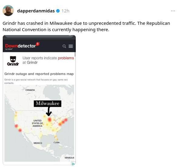 dapperdanmidas 12! Grindr has crashed in Milwaukee due to unprecedented traffic. The Republican National Convention is currently happening there orts indicate problems at Grindr Grindr outage and repo