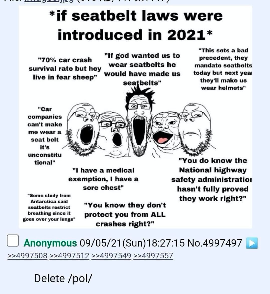 *if seatbelt laws were introduced in 2021* “This sets а bad "70% car crash If god to precedent, they survival rate but hey Seathelts he live in fear sheep" would pre make wear helmets" "Car companies 