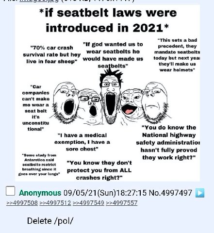 *if seatbelt laws were introduced in 2021* “This sets а bad "70% car crash If god to precedent, they survival rate but hey Seathelts he live in fear sheep" would pre make wear helmets" "Car companies 