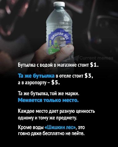 Бутылка с водой в магазине стоит $1. же бутылка в отеле стоит $3, аэропорту $5. же бутылка, той же марки. Меняется только место. Каждое место дает разную ценность одному и тому же предмету. Кроме воды