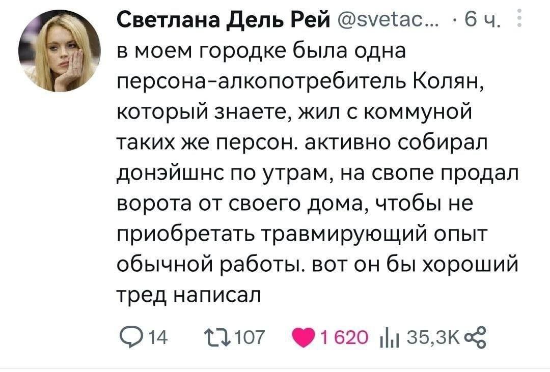 Светлана Дель Рей @svetac... 6 в моем городке была одна персона-алкопотребитель Колян, который знаете, жил с коммуной таких же персон. активно собирал донэйшнс по утрам, на свопе продал ворота от свое