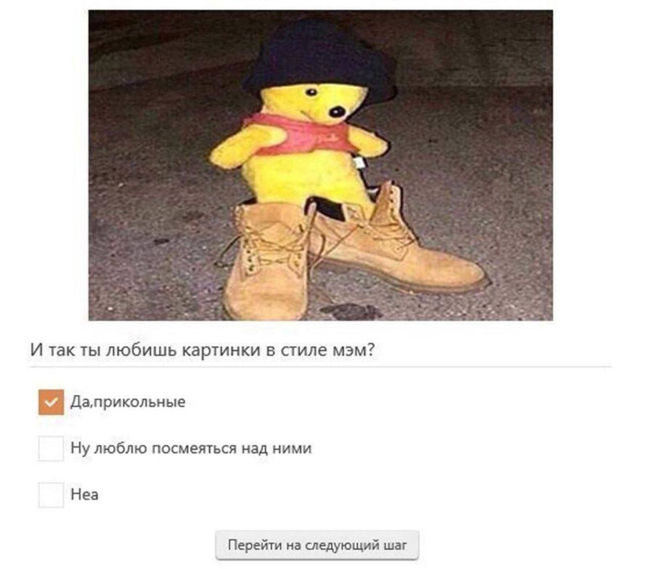 И так ты любишь картинки в стиле мэм? Да,прикольные Ну люблю посмеяться над ними Неа Перейти на следующий шаг