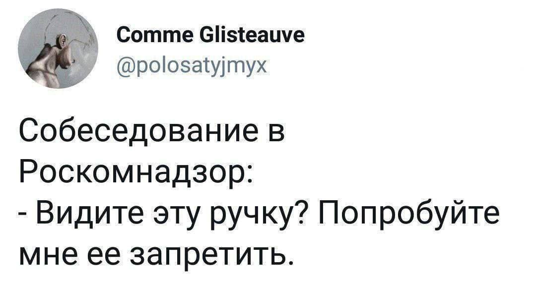 Comme Glisteauve @polosatyjmyx Собеседование в Роскомнадзор: Видите эту ручку? Попробуйте мне ее запретить.