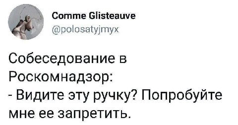 Comme Glisteauve @polosatyjmyx Собеседование в Роскомнадзор: Видите эту ручку? Попробуйте мне ее запретить.