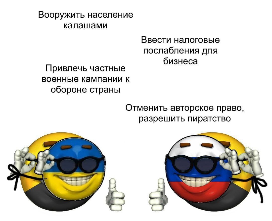 Вооружить население калашами Ввести налоговые послабления для бизнеса Привлечь частные военные кампании к обороне страны Отменить авторское право, разрешить пиратство