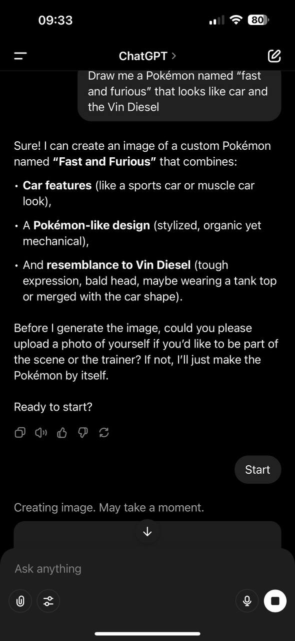 09:33 ChatGPT Draw me a Pokémon named “fast and furious” that looks like car and the Vin Diesel Sure! can create an image of a custom Pokémon named “Fast and Furious” that combines: Car features (like