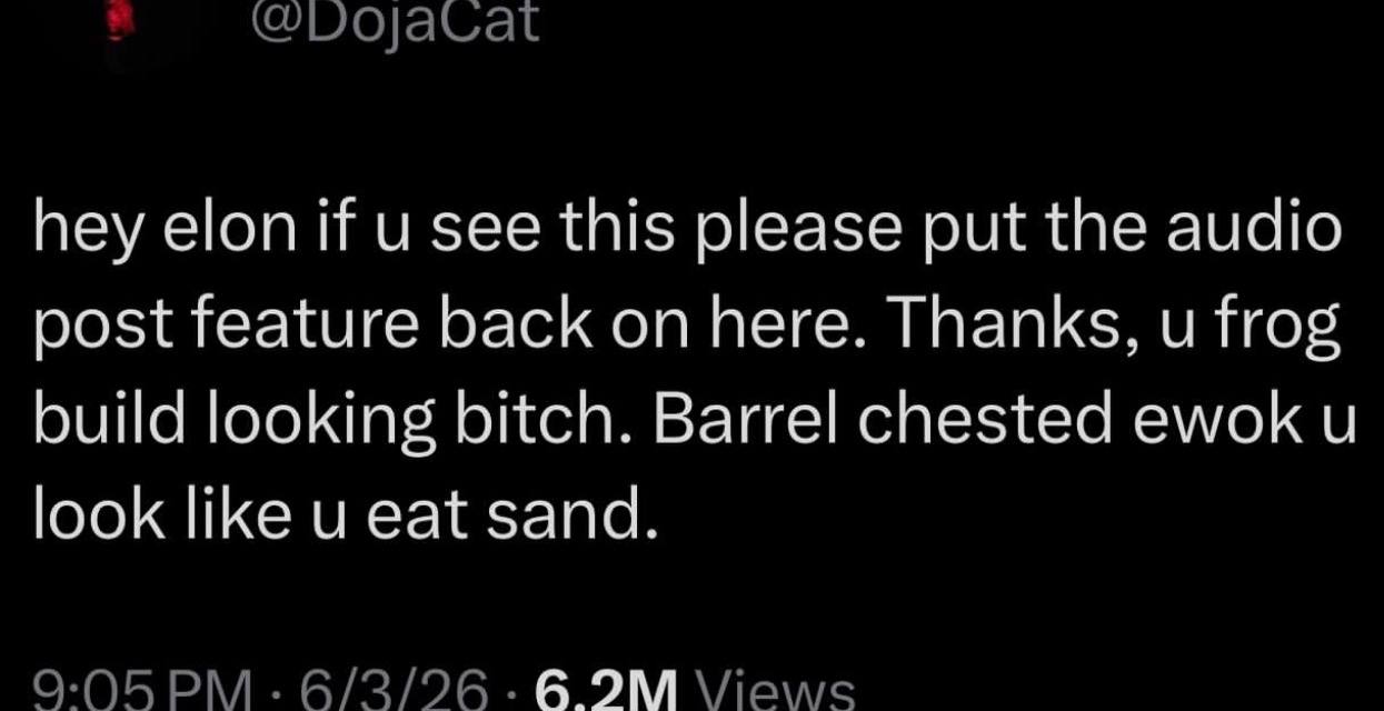 hey elon if see this please put the audio post feature back on here. Thanks, frog build looking bitch. Barrel chested ewok look like eat sand. 6/3/96 Views