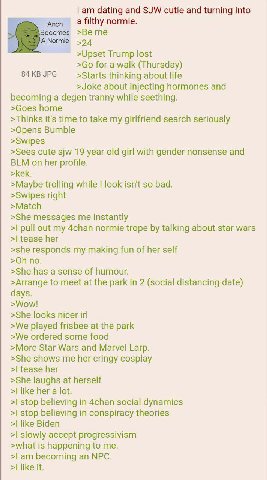 dating and SJW cutie and turning into a filthy normie. Anon Becomes >Be me Normie >24 >Upset Trump lost for a walk (Thursday) 84 JPG >Starts thinking about life >Joke about injecting hormones and beco