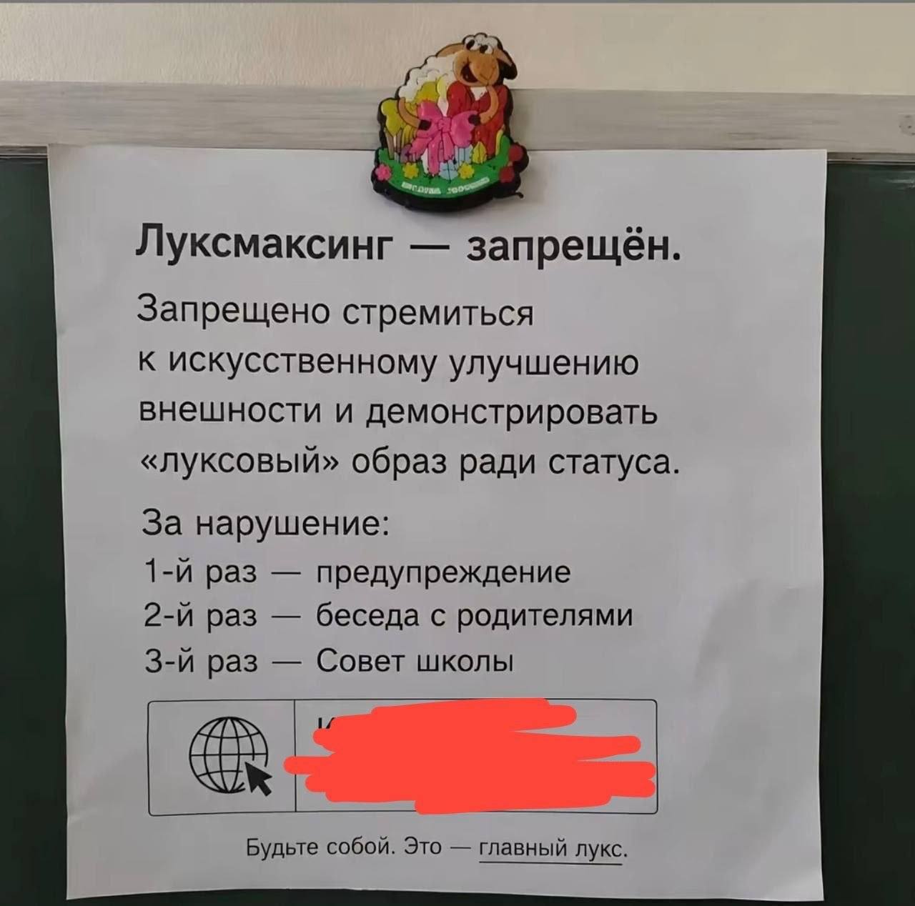 Луксмаксинг запрещён. Запрещено стремиться к искусственному улучшению внешности и демонстрировать «луксовый» образ ради статуса. За нарушение: раз предупреждение раз беседа с родителями раз Совет школ