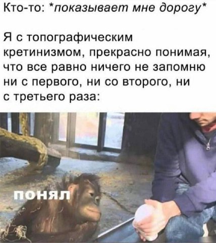 Кто-то: *показывает мне дорогу* Я кретинизмом, прекрасно понимая, что все равно ничего не запомню ни с первого, ни второго, ни с третьего раза: понял’