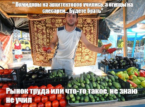 "Помидоры на архитекторов учились, а на слесарей... Будете брать" a Fee. 6 $2 {at a Рынок труда или что-то такое, не знаю не учил
