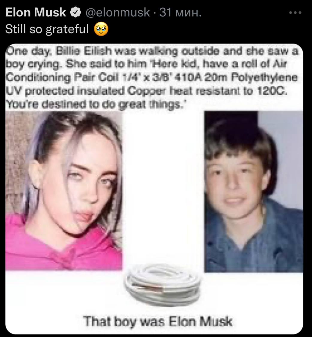 Elon Musk @elonmusk 31 мин Still so grateful me day. Billie Eilich was walking outside and she saw а boy crying. She said to hin “Here kid, have a roll of A Conditioning Pair Coil 1/4’ Polyethyiene pr