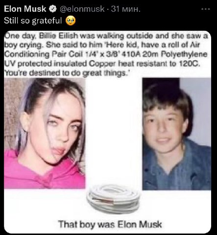 Elon Musk @elonmusk 31 мин Still so grateful me day. Billie Eilich was walking outside and she saw а boy crying. She said to hin “Here kid, have a roll of A Conditioning Pair Coil 1/4’ Polyethyiene pr