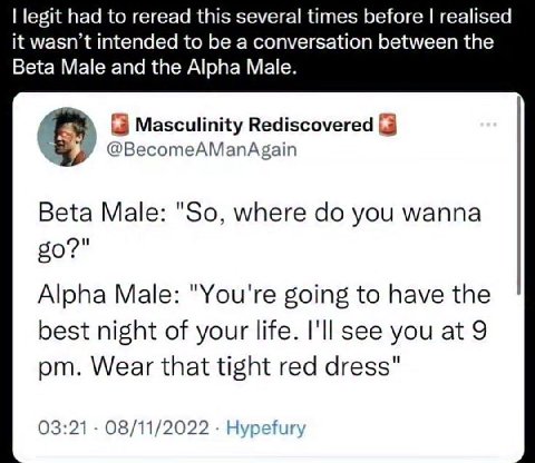 legit had to reread this several times before realised it wasn’t intended to be a conversation between the Beta Male and the Alpha Male (3 Masculinity Rediscovered 3 @BecomeAManAgain Beta Male: "So, w