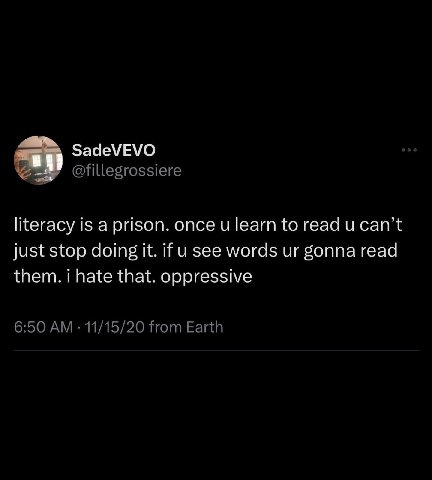 SadeVEVO @fillegrossiere literacy is a prison. once learn to read can’t just stop doing it. if see words gonna read them. i hate that. oppressive 6:50 11/15/20 from Earth