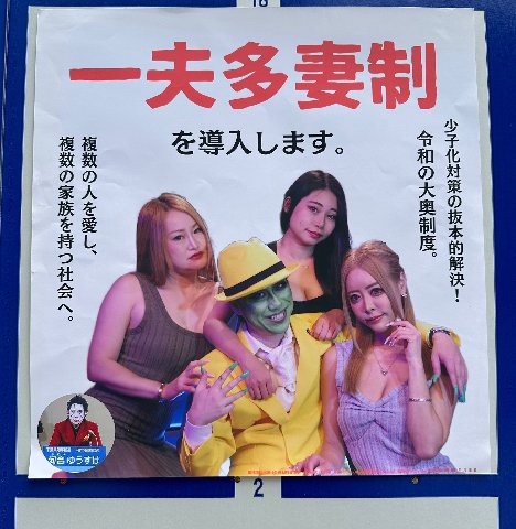 in the midst of the Tokyo gubernatorial election...
Kawai Yusuke, a frequent candidate recognized for his Joker 🤡 cosplay is now dressed as the Mask
he is promoting polygamy as a solution to Japan's d