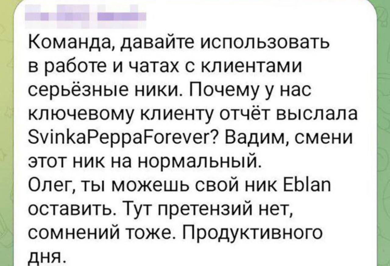 Команда, давайте использовать В работе и чатах с клиентами серьёзные ники. Почему у нас ключевому клиенту отчёт выслала SvinkaPeppaForever? Вадим, смени этот ник на нормальный. Олег, ты можешь свой ни