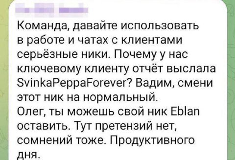 Команда, давайте использовать В работе и чатах с клиентами серьёзные ники. Почему у нас ключевому клиенту отчёт выслала SvinkaPeppaForever? Вадим, смени этот ник на нормальный. Олег, ты можешь свой ни