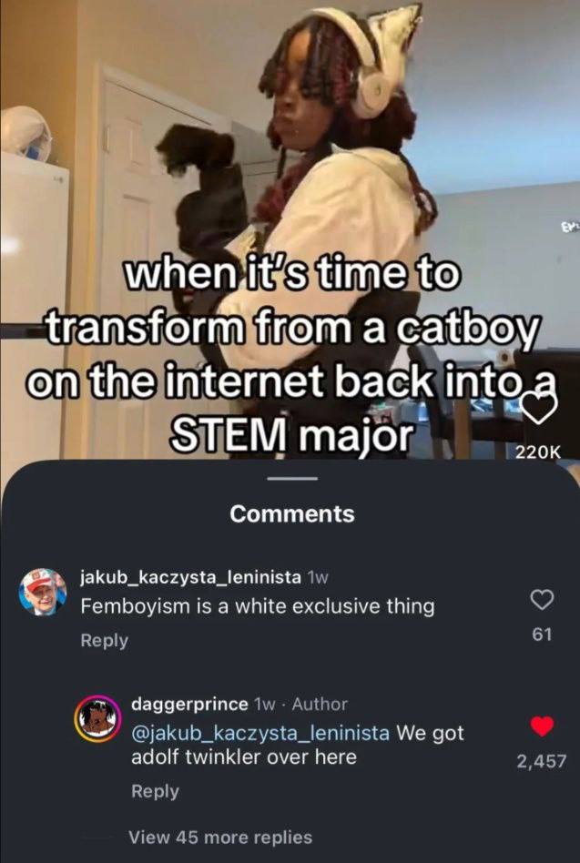 Я а catboy, back под STEM major Comments jakub_kaczysta_leninista Femboyism is a white exclusive thing Reply 61 daggerprince Author We got adolf twinkler over here 2,457 Reply View 45 more replies