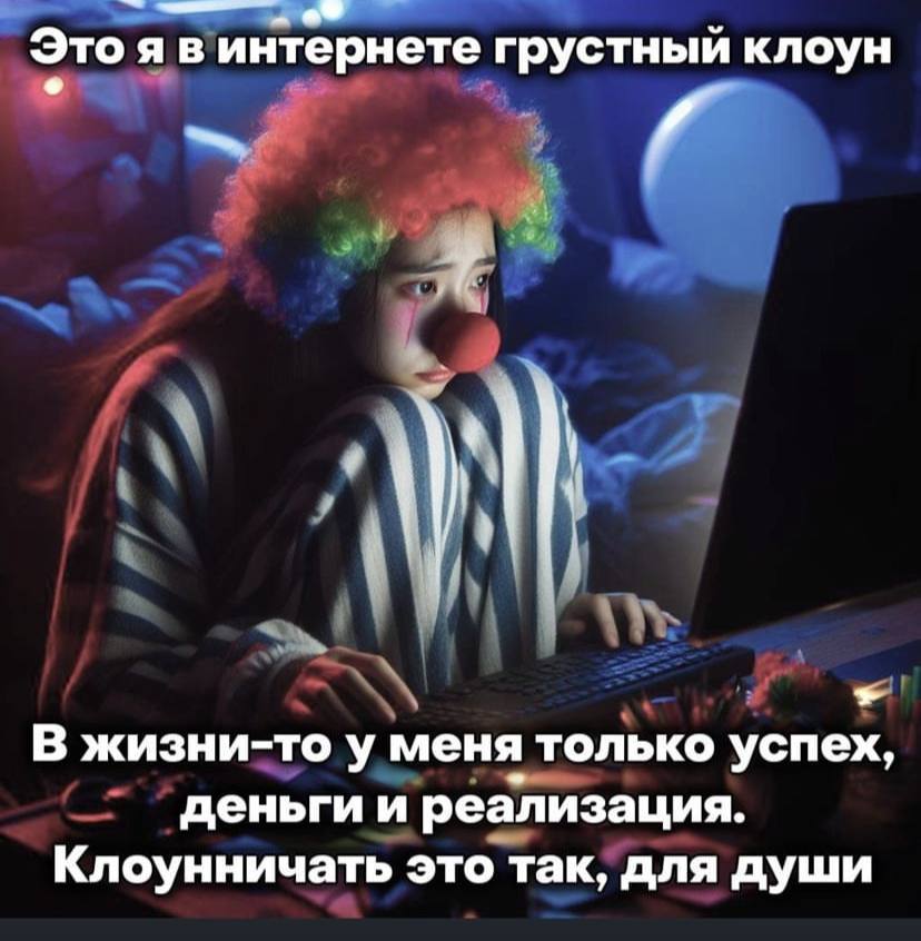 Это я в интернете грустный клоун В жизни-то у меня только успех, деньги и реализация. Клоунничать это так, для души