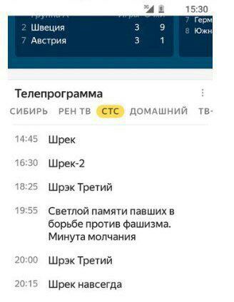 15:30 ерм Швеция 3 Южн 3 Австрия Телепрограмма СИБИРЬ РЕН CTC) ДОМАШНИЙ 14:45 Шрек 4 >A Шрек-2 4 25 Шрэк Третий Светлой памяти павших в борьбе против фашизма. Минута молчания ate Шрэк Третий 20:15 Шре