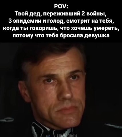 POV: Твой дед, переживший 2 войны, 3 эпидемии и голод, смотрит на тебя, когда ты говоришь, что хочешь умереть, потому что тебя бросила девушка