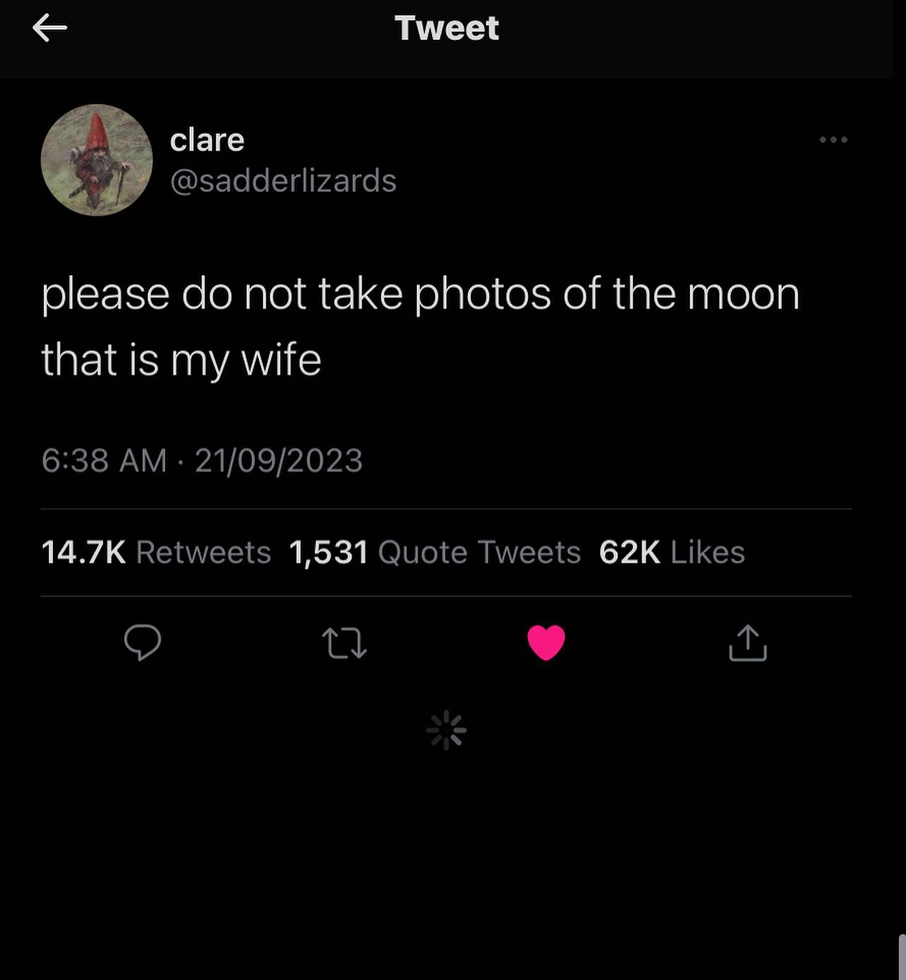 Tweet clare @sadderlizards please not take photos of the moon that is my wife 6:38 21/09/2023 Retweets 1,531 Quote Tweets Likes мы