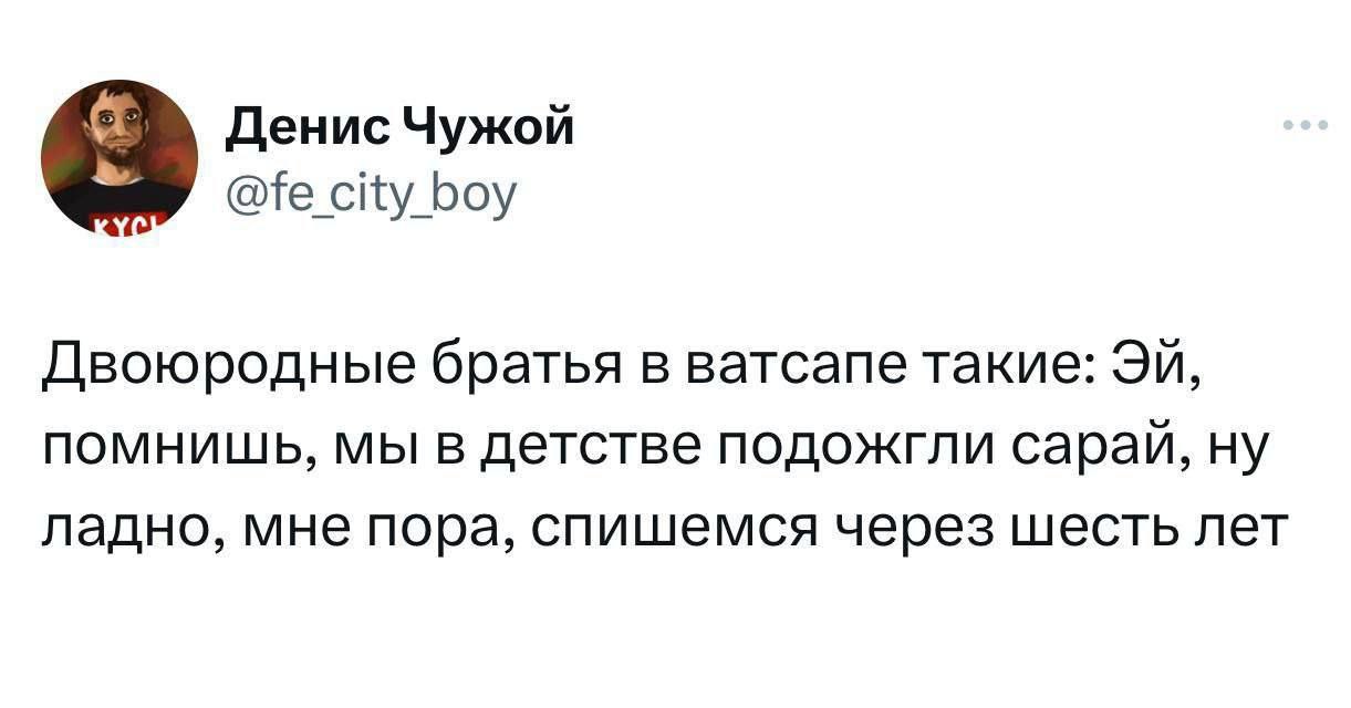Денис Чужой may city boy Двоюродные братья в ватсапе такие: помнишь, мы в детстве подожгли сарай, ну ладно, мне пора, спишемся через шесть лет