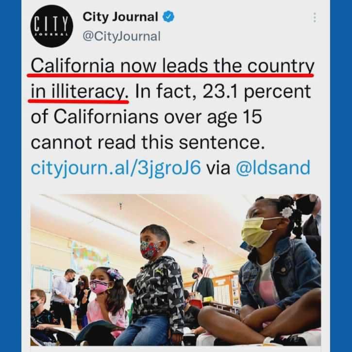 City Journal @CityJournal alifornia now leads the countr in illiteracy. In fact, 23.1 percent of Californians over age 15 cannot read this sentence. cityjourn.al/3jgroJ6 @ldsand к i в
