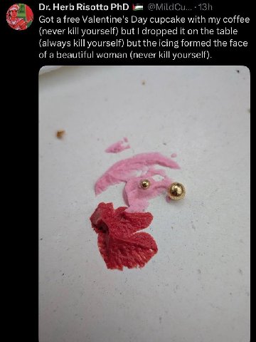 Herb Risotto PhD @MildCu...-13h Got a free Valentine's Day cupcake with my coffee (пемег kill yourself) but dropped it on the table (always kill yourself) but the icing formed the face of a beautiful 