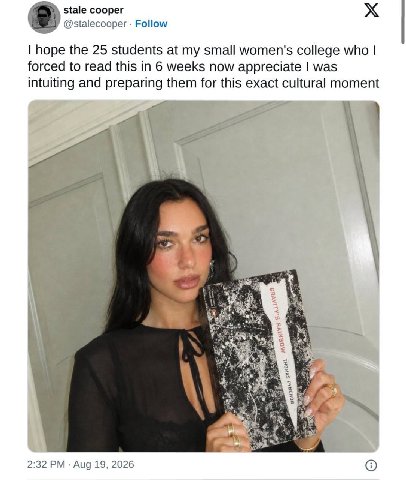 stale cooper @stalecooper Follow hope the 25 students at my small women's college who forced to read this in 6 weeks now appreciate was intuiting and preparing them for this exact cultural moment A 2: