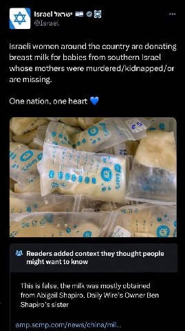 Israeli women around the country are donating breast milk for babies from southern Israel whose mothers were murdered/kidnapped/or are One nation, one heart у Readers added context they thought people